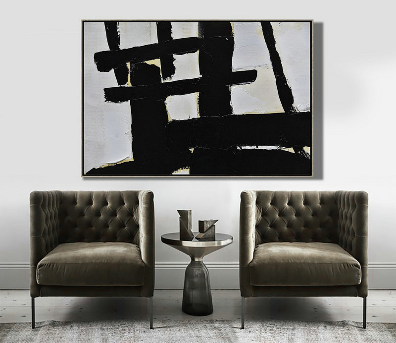 Huge Abstract Canvas Art,Horizontal Palette Knife Minimal Canvas Art Painting Black White Beige - Modern Art Abstract Painting
